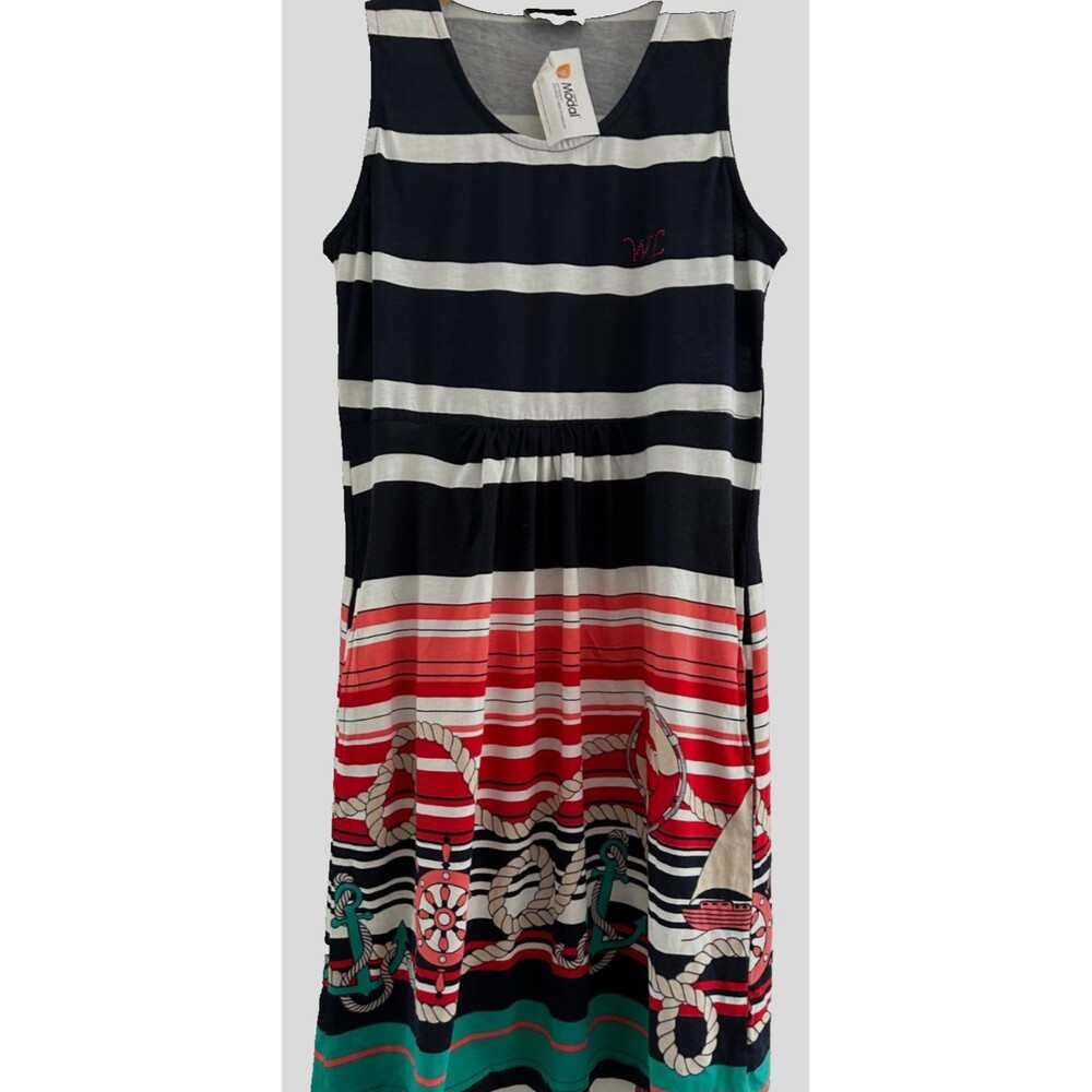 Womens XS Navy Blue Print Cotton Knit House Dress Sleeveless Casual Dress Comfy